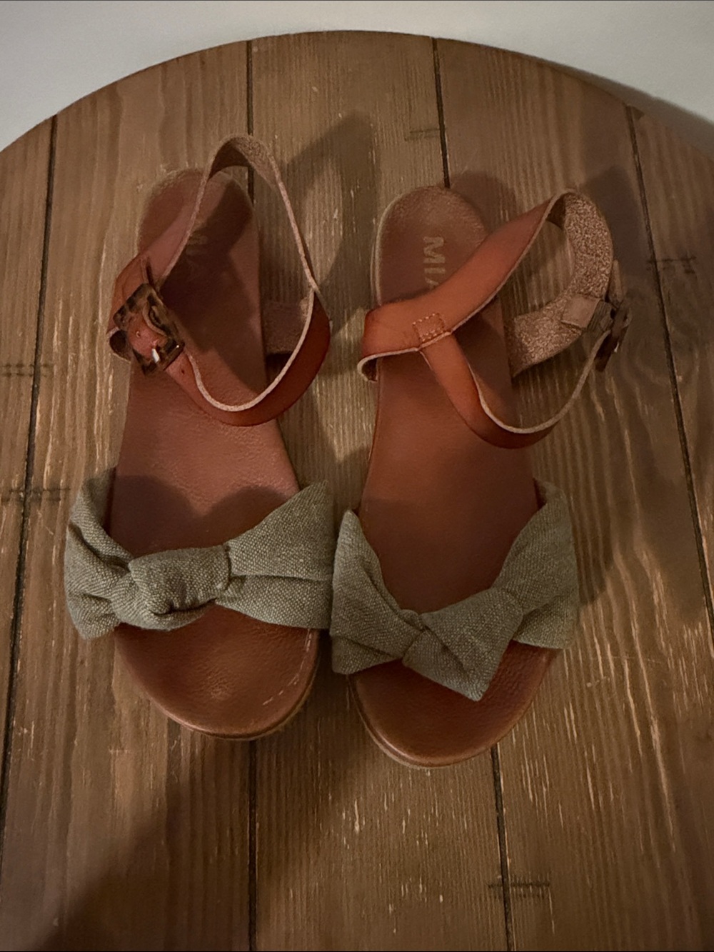 MIA Tan Leather Sandals with Green Fabric Bows